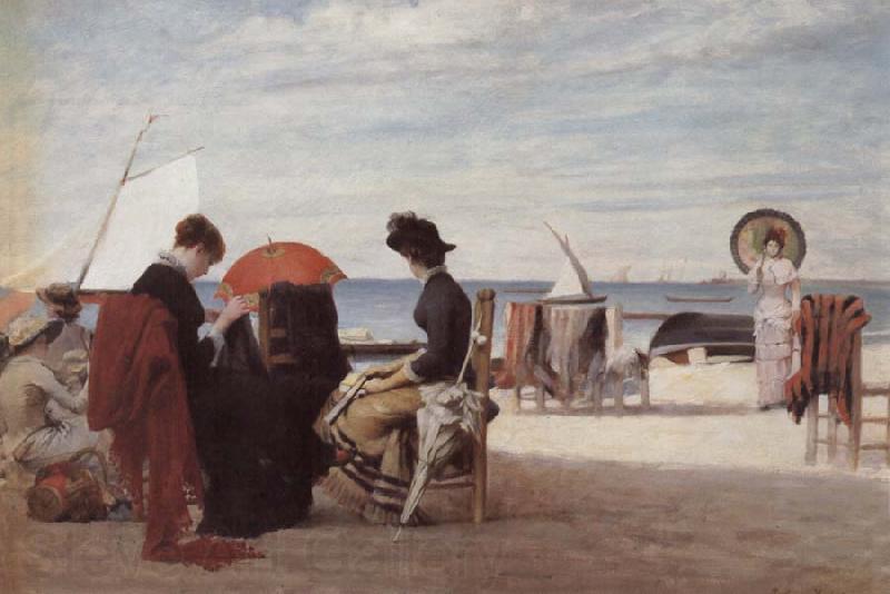Jules Aviat Beach Scene,Trouville Norge oil painting art
